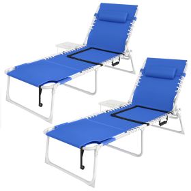 Tanning Chair Set of 2 with Face Hole and Side Table, 5-Position Folding Outdoor Chaise Lounge Chair, Navy Blue (Option: Navy Blue-780x280x650 mm)
